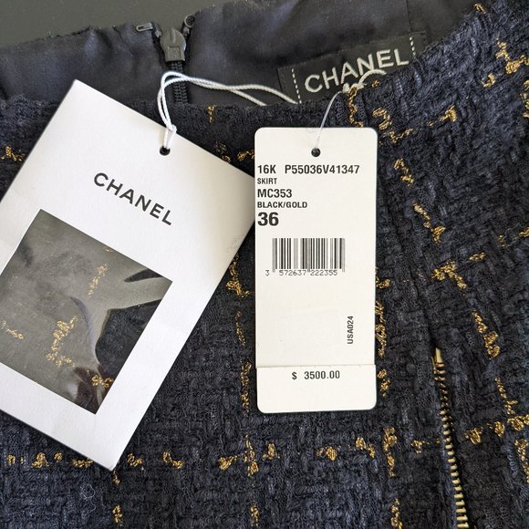Chanel Skirt Black+Gold Fantasy Tweed Lambskin Trimmed Logo Side + Pocket Zipper - Picture 11 of 16